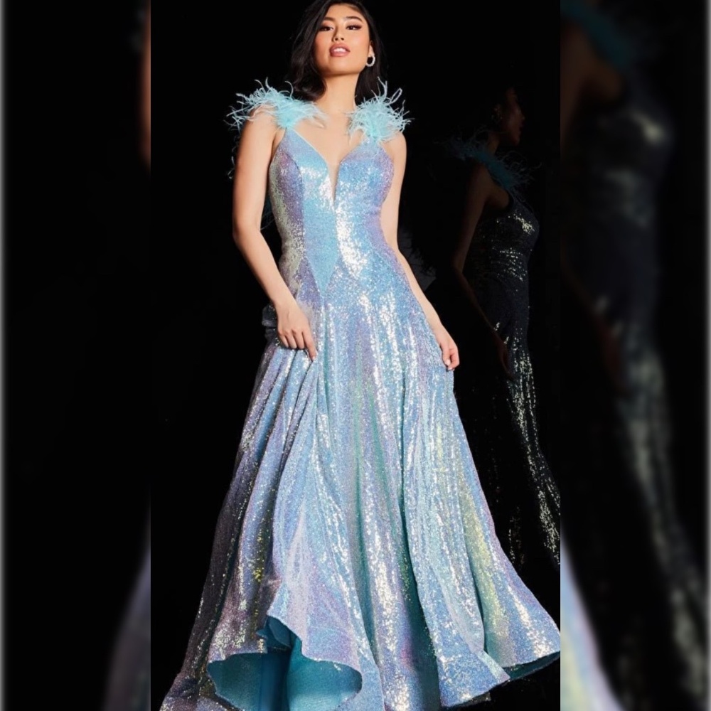 JVN24164 MAKE AN OFFER iridescent blue feather shoulder pageant prom ballgown